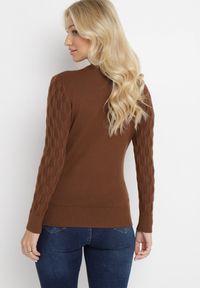 Born2be - Ciemnobrązowy Klasyczny Sweter z Tłoczonym Zdobieniem Nainea. Okazja: na co dzień. Kolor: brązowy. Wzór: aplikacja. Styl: klasyczny #5