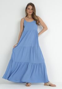 Born2be - Niebieska Sukienka z Wiskozy na Ramiączkach z Falbanką Graesa. Kolor: niebieski. Materiał: wiskoza. Długość rękawa: na ramiączkach. Styl: wakacyjny