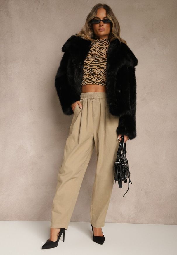 Renee - Beżowe Spodnie High Waist z Bawełny o Szerokim Kroju Nalitia. Okazja: na co dzień. Stan: podwyższony. Kolor: beżowy. Materiał: bawełna. Styl: casual