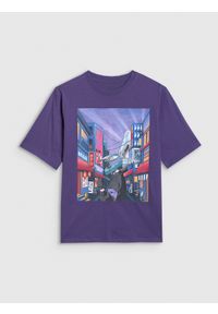 4f - 4F T-shirt oversize z nadrukiem chłopięcy - fioletowy 158 (12-13 lat). Okazja: na co dzień. Kolor: fioletowy. Materiał: jersey, bawełna, materiał. Wzór: nadruk. Sezon: lato. Styl: sportowy, klasyczny, casual