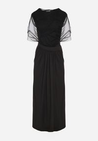 Born2be - Czarna Koktajlowa Sukienka Zdobiona Marszczeniem z Siateczkową Narzutką Millanea. Okazja: na co dzień. Kolor: czarny. Wzór: aplikacja. Typ sukienki: proste. Styl: wizytowy #7