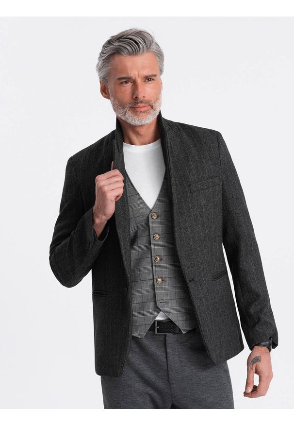 Ombre Clothing - Stylowa żakardowa marynarka męska w delikatne prążki - grafitowa V1 - Rozmiar: XL. Kolor: szary. Materiał: żakard. Wzór: prążki. Styl: elegancki