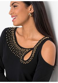 Shirt cold-shoulder z perełkami bonprix czarny. Kolor: czarny. Materiał: materiał, poliester, elastan. Długość rękawa: długi rękaw. Długość: długie #6