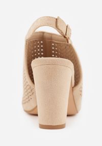 Born2be - Beżowe Ażurowe Sandały Vices na Obcasie ze Skórzaną Wkładką Nevidas. Okazja: na co dzień. Zapięcie: sprzączka. Kolor: beżowy. Materiał: skóra. Wzór: ażurowy. Obcas: na obcasie. Styl: casual, elegancki. Wysokość obcasa: średni #5