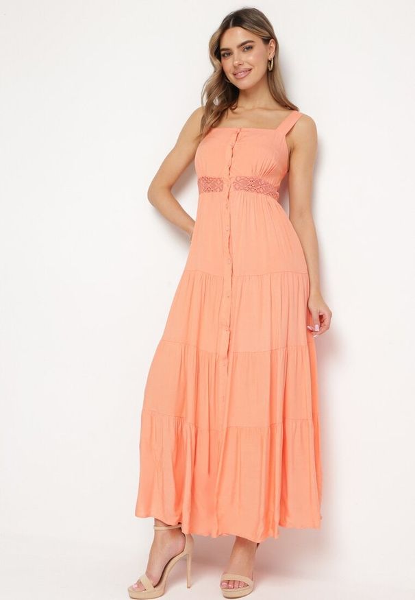 Born2be - Pomarańczowa Sukienka Fahiza. Typ kołnierza: dekolt kwadratowy. Kolor: różowy. Materiał: tkanina, wiskoza. Długość rękawa: na ramiączkach. Wzór: ażurowy, gładki. Sezon: lato. Styl: boho