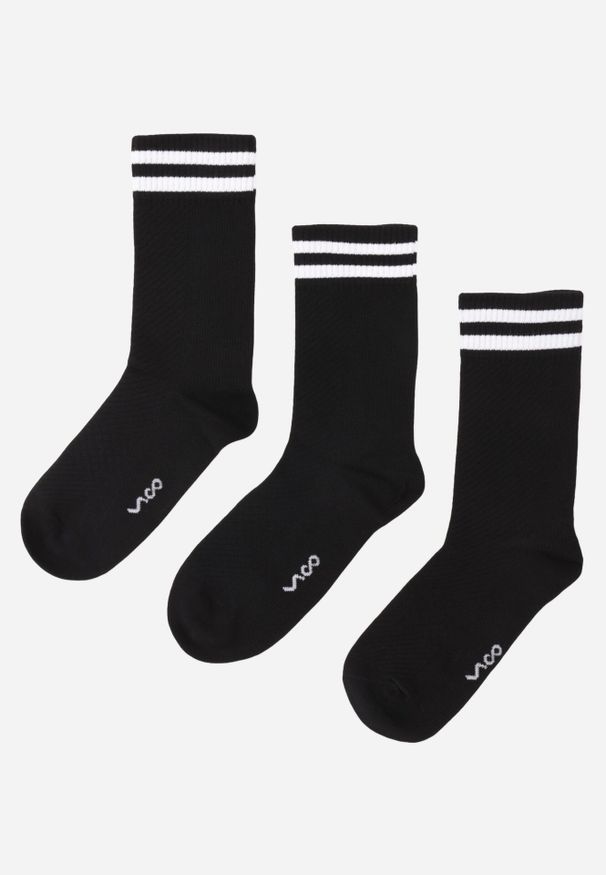 Born2be - Czarne 3-Pack Skarpety Wysokie z Bawełny Zdobione Paskami Storda. Kolor: czarny. Materiał: bawełna. Wzór: aplikacja