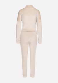 Born2be - Beżowy Welurowy Komplet Dresowy Krótka Bluza i Spodnie z Wstawkami w Cętki Kilima. Kolor: beżowy. Materiał: welur, dresówka. Wzór: aplikacja #3
