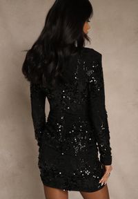 Renee - Czarna Cekinowa Sukienka Koktajlowa o Dopasowanym Kroju z Dekoltem V Loweda. Kolor: czarny. Materiał: poliester, skóra. Wzór: aplikacja. Typ sukienki: kopertowe. Styl: wizytowy #5