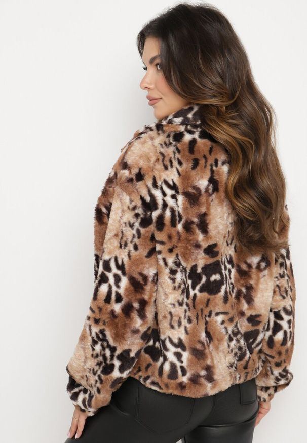 Born2be - Czarno-Beżowa Futerkowa Kurtka ze Ściągaczami i Kołnierzykiem w Animal Print Fortilia. Okazja: na spacer. Kolor: czarny. Materiał: jeans, materiał, futro. Długość rękawa: długi rękaw. Długość: długie. Wzór: nadruk. Styl: elegancki