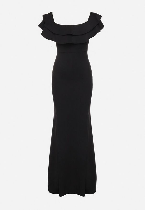 Born2be - Czarna Elegancka Sukienka Typu Hiszpanka z Rozkloszowanym Dołem i Wycięciami Tumini. Okazja: na imprezę. Typ kołnierza: dekolt hiszpanka. Kolor: czarny. Materiał: skóra, dzianina. Długość rękawa: krótki rękaw. Sezon: lato. Typ sukienki: dopasowane, rozkloszowane. Styl: elegancki