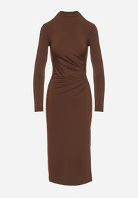Born2be - Ciemnobrązowa Taliowana Sukienka Midi z Półgolfem i Marszczeniem Abigiana. Okazja: na co dzień. Kolor: brązowy. Materiał: wiskoza. Typ sukienki: proste. Styl: elegancki, casual. Długość: midi #6
