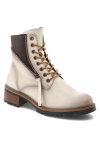 Beżowe Botki Vinceza Stylowe Buty Damskie. Okazja: na spacer, na co dzień. Zapięcie: sznurówki. Kolor: beżowy. Materiał: materiał. Obcas: na obcasie. Styl: elegancki. Wysokość obcasa: średni #1