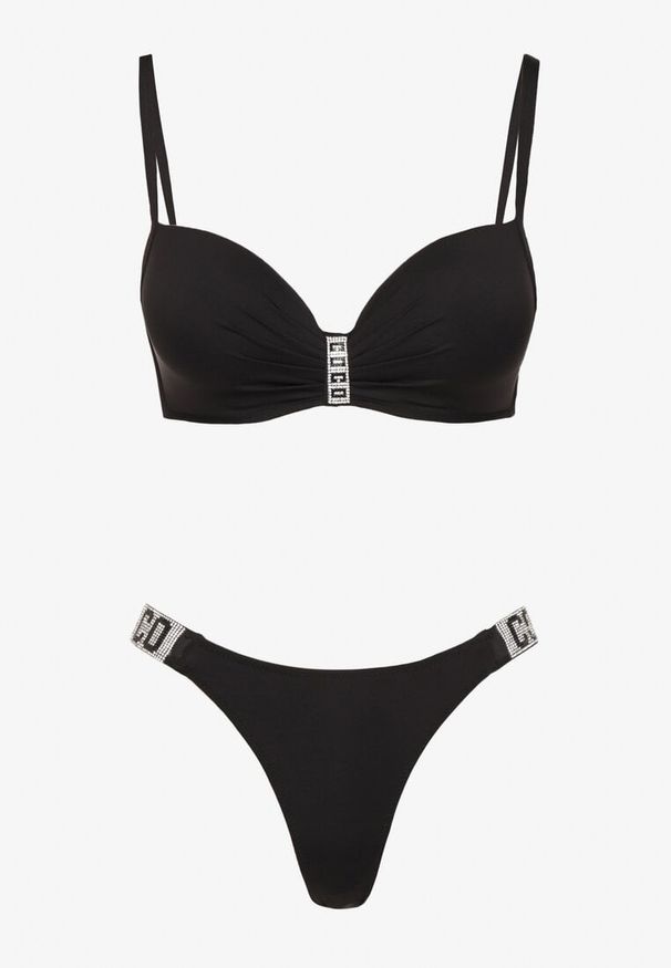 Renee - Czarne Bikini Biustonosz i Majtki Figi z Aplikacją z Cyrkoniami Nateria. Kolor: czarny. Wzór: aplikacja