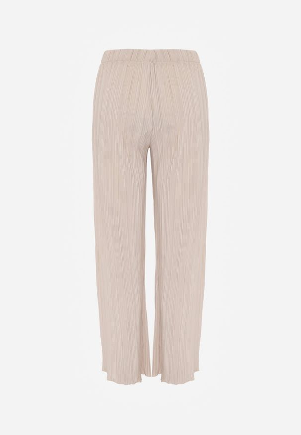 Renee - Beżowe Plisowane Spodnie High Waist z Szerokimi Nogawkami Sedalia. Stan: podwyższony. Kolor: beżowy. Materiał: satyna