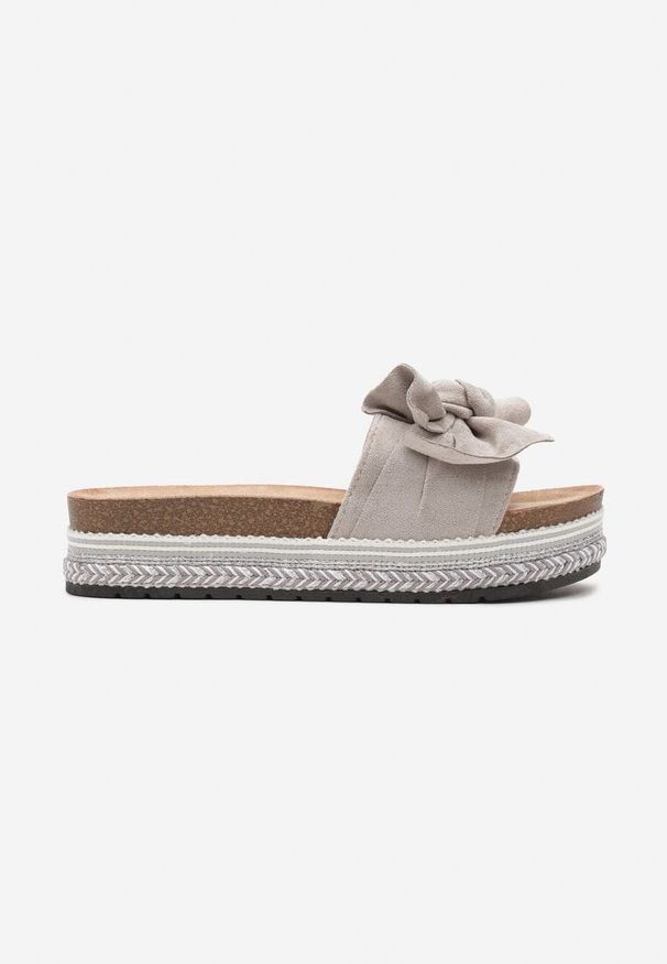 Born2be - Szare Płaskie Klapki w Stylu Boho Ozdobione Kokardą Fieanna. Okazja: na co dzień. Kolor: szary. Materiał: len. Wzór: aplikacja. Sezon: lato. Styl: boho