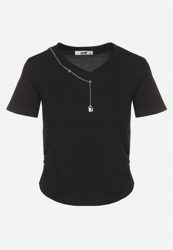 Born2be - Czarny Bawełniany T-shirt Ozdobiony Marszczeniem i Łańcuszkiem Olitrea. Okazja: na co dzień. Kolor: czarny. Materiał: bawełna. Wzór: aplikacja. Styl: casual