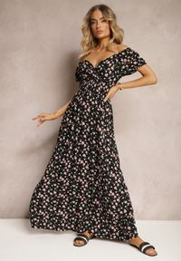 Renee - Czarna Wiskozowa Sukienka w Kwiaty z Trójkątnym Dekoltem i Gumką w Talii Lasteri. Okazja: na co dzień. Kolor: czarny. Materiał: wiskoza. Wzór: kwiaty. Sezon: wiosna. Typ sukienki: proste. Styl: elegancki, casual #5