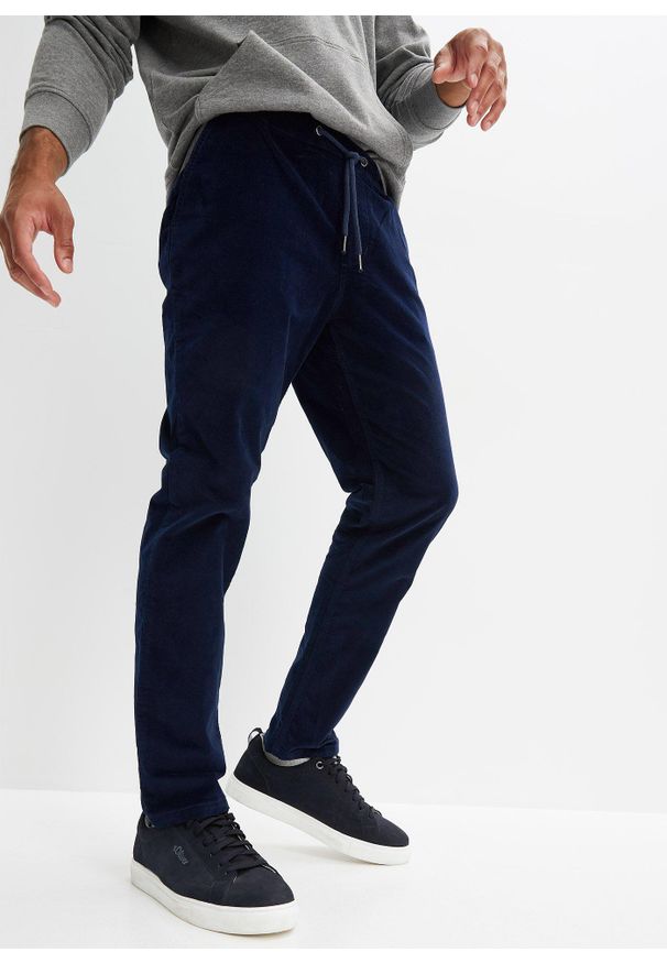 bonprix - Spodnie sztruksowe z gumką w talii, regular fit, prosta nogawka. Kolor: niebieski. Materiał: sztruks. Długość: krótkie