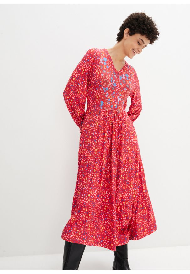 bonprix - Sukienka midi z dżerseju, z wiązanym paskiem. Kolor: czerwony. Materiał: jersey. Długość: midi