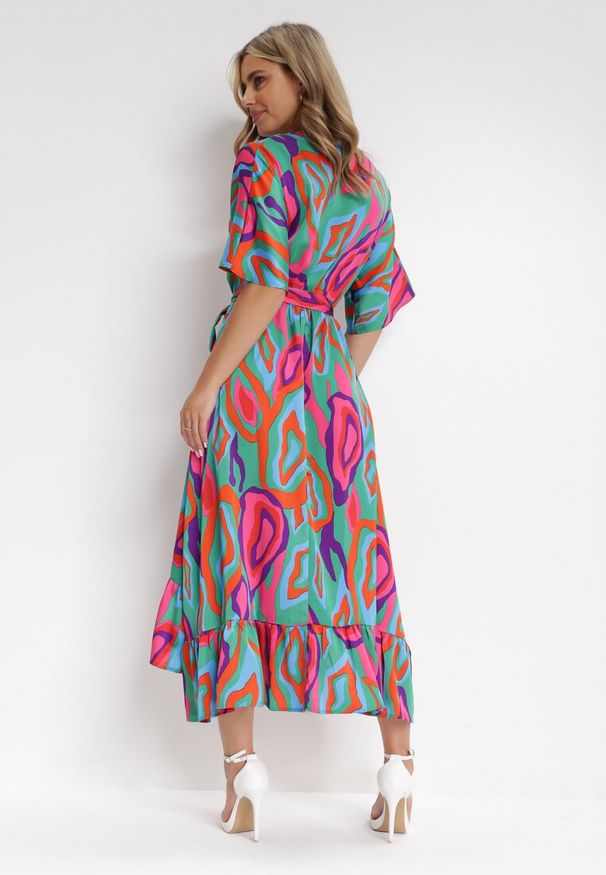 Born2be - Zielono-Różowa Sukienka Cesetros. Kolor: zielony. Materiał: materiał. Wzór: nadruk. Typ sukienki: kopertowe. Długość: midi