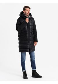 Ombre Clothing - Długa pikowana męska kurtka z dużymi kieszeniami – czarna V1 - Rozmiar: XXL. Typ kołnierza: kaptur. Kolor: czarny. Materiał: tkanina, poliester, materiał, syntetyk, nylon. Długość: długie. Wzór: gładki, aplikacja #2