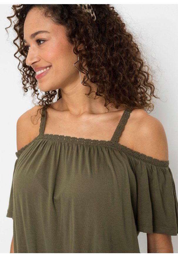 bonprix - T-shirt z odkrytymi ramionami z miękkiej wiskozy. Kolor: zielony. Materiał: wiskoza, koronka. Wzór: koronka