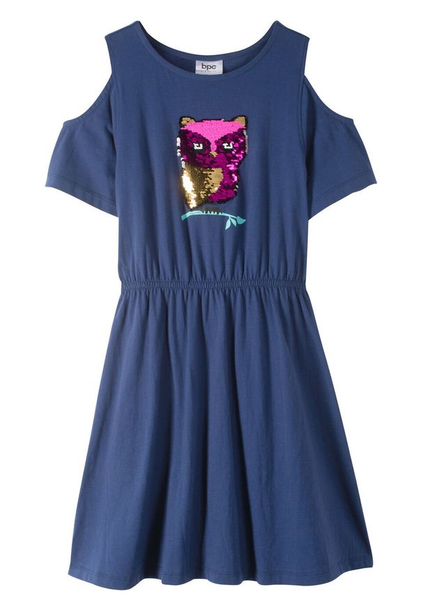 Sukienka dziewczęca z wycięciami na ramionach i obracanymi cekinami, bawełna organiczna bonprix kobaltowy. Kolor: niebieski. Materiał: bawełna. Wzór: aplikacja