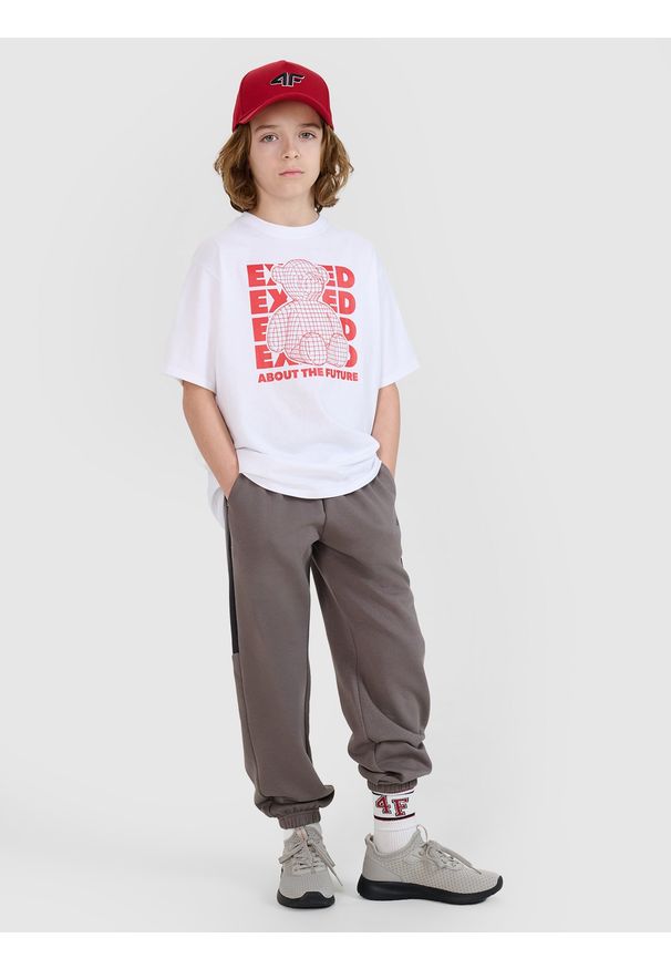 4f - 4F Spodnie dresowe joggery chłopięce - szare 122 (6-7 lat). Okazja: na co dzień. Kolor: szary. Materiał: dresówka. Wzór: gładki, ze splotem. Sezon: lato. Styl: sportowy, casual