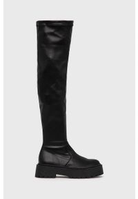 Steve Madden Kozaki skórzane damskie kolor czarny na płaskim obcasie. Nosek buta: okrągły. Kolor: czarny. Materiał: skóra. Szerokość cholewki: normalna. Obcas: na obcasie. Wysokość obcasa: niski #1