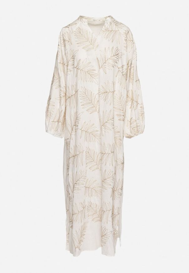 Born2be - Biała Wiskozowa Sukienka z Metaliczną Nicią i Haftami Norvezira. Okazja: na spacer, na co dzień. Typ kołnierza: dekolt w serek. Kolor: biały. Materiał: wiskoza. Długość rękawa: długi rękaw. Wzór: haft. Typ sukienki: proste. Styl: casual, elegancki