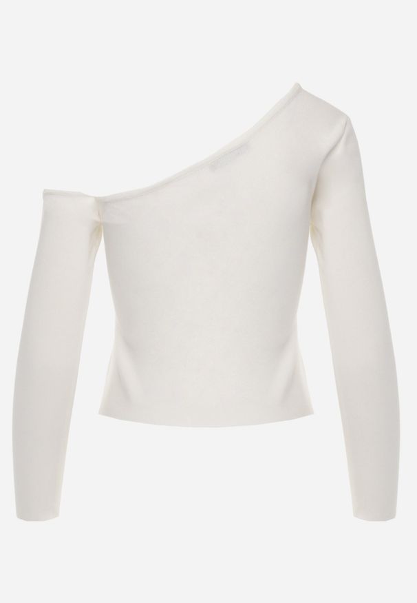 Renee - Biała Bluzka z Asymetryczną Górą Ozdobiona Dużą Aplikacją Kwiatem Viacinta. Okazja: na co dzień, na spotkanie biznesowe. Kolor: biały. Materiał: jeans. Wzór: kwiaty, aplikacja. Styl: casual, biznesowy, elegancki