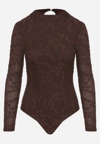 Born2be - Brązowe Koronkowe Body z Bawełną z Długim Rękawem Zenarria. Okazja: na co dzień, do pracy, na spotkanie biznesowe. Typ kołnierza: kołnierzyk stójkowy. Kolor: brązowy. Materiał: koronka, bawełna. Długość rękawa: długi rękaw. Długość: długie. Wzór: aplikacja. Styl: biznesowy, klasyczny, casual #4