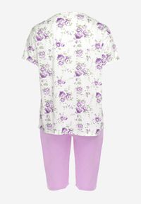 Born2be - Fioletowy Komplet Piżamowy w Kwiaty Koszulka z Krótkim Rękawem i Spodnie Lużne 3/4 Lareni. Kolor: fioletowy. Materiał: bawełna. Długość: krótkie. Wzór: kwiaty