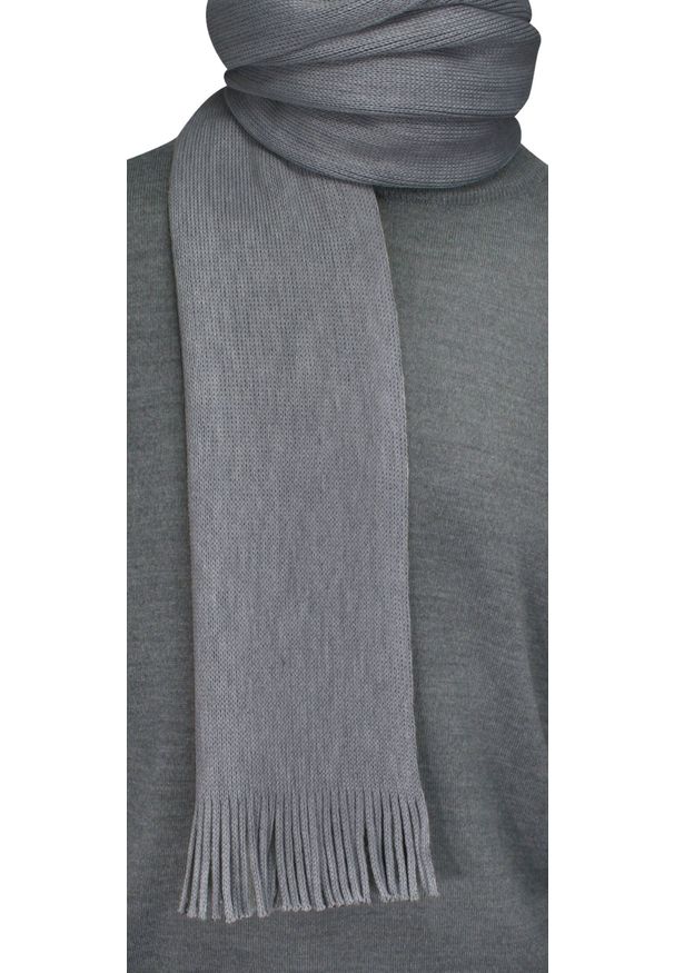 V. Fraas - Szary Męski Ciepły Szalik Wełniany -V. FRAAS- Jesienno-Zimowy, Dziergany z Frędzlami. Kolor: szary. Materiał: dziergany, wełna. Sezon: zima, jesień. Styl: klasyczny, elegancki