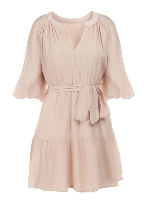 Born2be - Beżowa Sukienka Hyromela. Kolor: beżowy. Materiał: materiał, tkanina. Wzór: gładki. Typ sukienki: rozkloszowane. Długość: mini