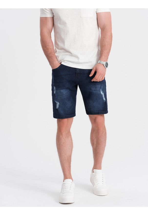 Ombre Clothing - Krótkie spodenki męskie jeansowe z dziurami – ciemnoniebieskie V3 - Rozmiar: S. Okazja: na co dzień. Kolor: niebieski. Materiał: jeans. Długość: krótkie. Wzór: aplikacja. Styl: klasyczny, casual