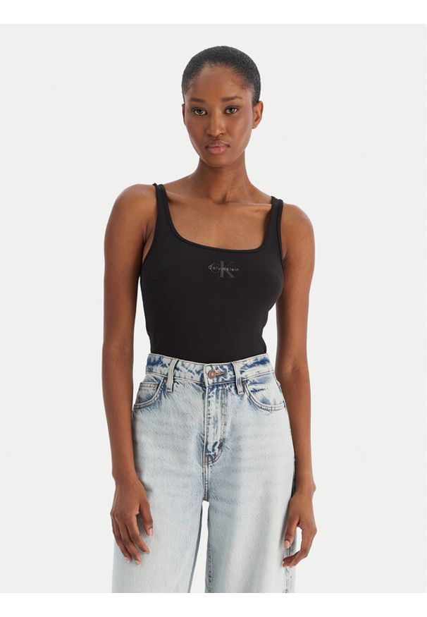 Calvin Klein Jeans Top Monologo Scoop Nk Rib LV047A804G Czarny Slim Fit. Kolor: czarny. Materiał: bawełna