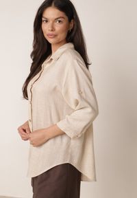 Born2be - Beżowa Koszula Casual z Wiskozą i Lnem z Rękawami 3/4 Linyana. Okazja: na co dzień. Typ kołnierza: kołnierzyk klasyczny. Kolor: beżowy. Materiał: wiskoza, len. Długość: długie. Styl: casual #2