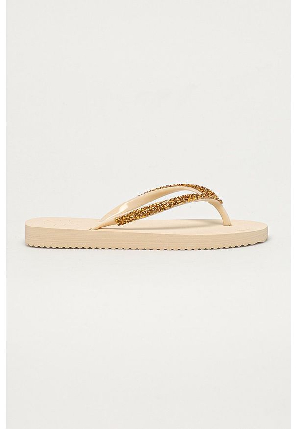 Flip*Flop Japonki damskie kolor beżowy na płaskim obcasie. Kolor: beżowy. Materiał: guma, materiał. Wzór: gładki. Obcas: na obcasie. Wysokość obcasa: niski