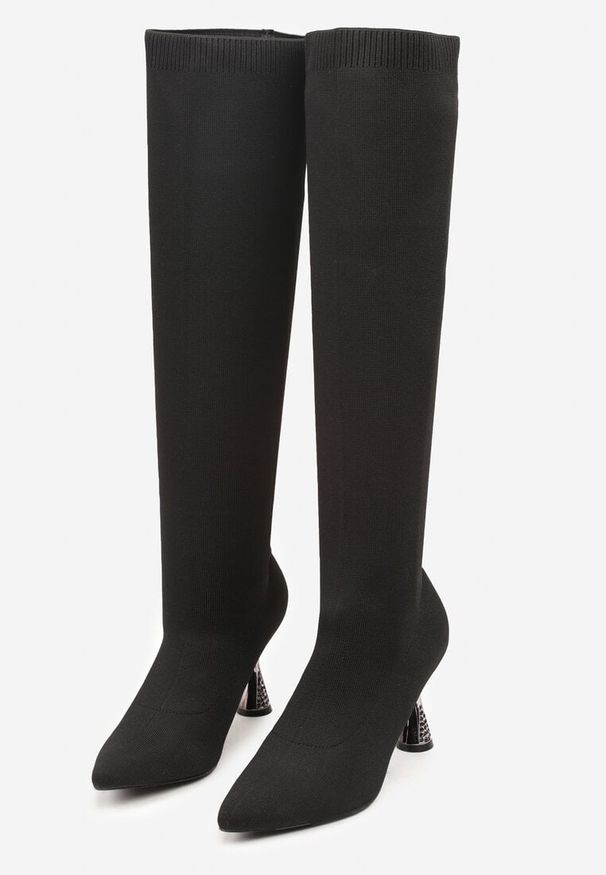 Renee - Czarne Kozaki Vices ze Skarpetkową Cholewką na Klepsydrze z Cyrkoniami Gioluna. Okazja: na imprezę. Zapięcie: bez zapięcia. Kolor: czarny. Materiał: jeans. Szerokość cholewki: normalna. Obcas: na obcasie. Styl: elegancki. Wysokość obcasa: średni