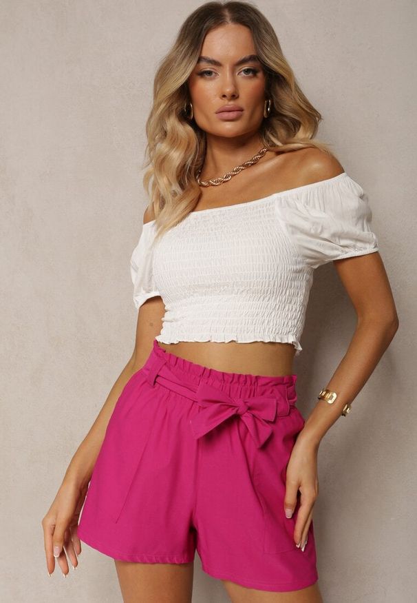 Renee - Fuksjowe Szorty Bermudy High Waist z Dodatkiem Bawełny Wiązane w Pasie Quisevia. Stan: podwyższony. Kolor: różowy. Materiał: bawełna. Sezon: lato