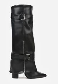 Renee - Czarne Kozaki na Słupku z Cholewką Imitującą Nogawkę ze Sprzączkami Unwedara. Nosek buta: szpiczasty. Zapięcie: sprzączka. Kolor: czarny. Materiał: skóra, materiał. Szerokość cholewki: normalna. Sezon: zima. Obcas: na słupku. Wysokość obcasa: średni #6