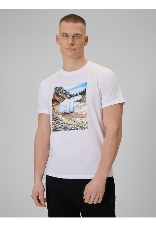 4f - 4F T-shirt regular z nadrukiem męski - biały S. Okazja: na co dzień. Kolor: biały. Materiał: dzianina, bawełna, materiał. Wzór: nadruk. Styl: casual