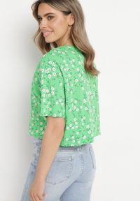 Born2be - Zielony Bawełniany T-shirt Oversize w Kwiatowy Print o Krótkim Fasonie Daelinn. Kolor: zielony. Materiał: bawełna. Długość: krótkie. Wzór: nadruk, kwiaty #5