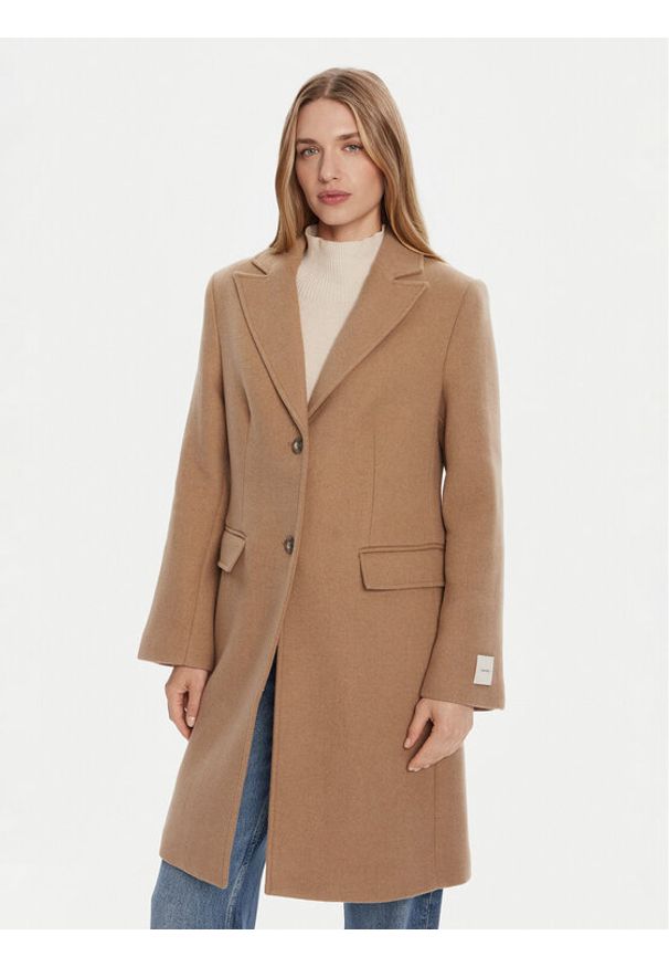 Calvin Klein Płaszcz wełniany LV044D558G Brązowy Slim Fit. Kolor: brązowy. Materiał: wełna