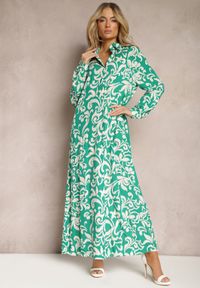 Renee - Zielona Sukienka Koszulowa w Ornamentalny Print z Wiskozy Eillo. Kolor: zielony. Materiał: wiskoza. Wzór: nadruk. Typ sukienki: koszulowe #4