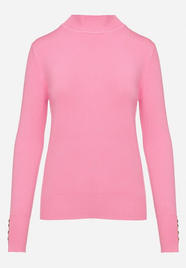 Born2be - Różowy Sweter Półgolf Ozdobiony Guzikami przy Rękawach Delianor. Okazja: na co dzień, na spotkanie biznesowe. Kolor: różowy. Materiał: jeans. Długość rękawa: długi rękaw. Długość: długie. Wzór: aplikacja. Sezon: jesień. Styl: klasyczny, elegancki, biznesowy, casual
