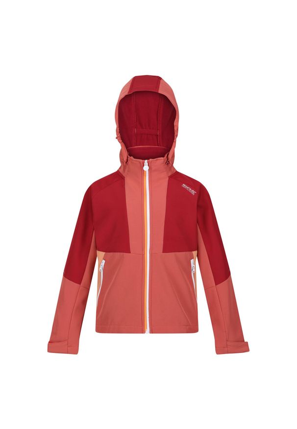 Haydenbury Regatta dziecięcy turystyczny softshell z kapturem. Typ kołnierza: kaptur. Kolor: czerwony. Materiał: poliester, elastan. Styl: sportowy