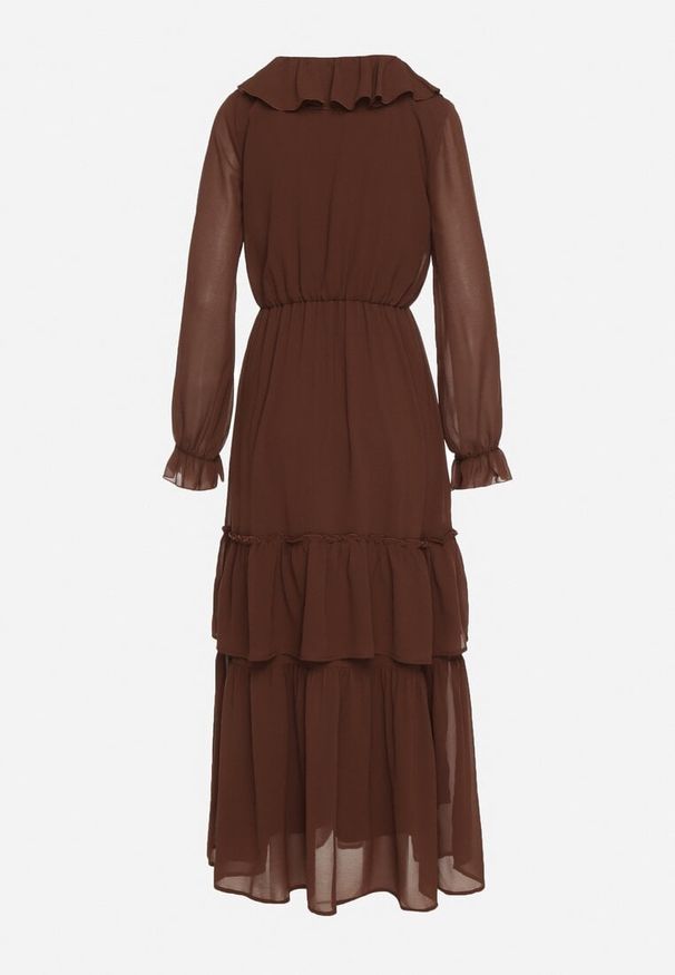 Born2be - Brązowa Siateczkowa Sukienka VICES o Rozkloszowanym Kroju z Falbanami Arevite. Typ kołnierza: dekolt w kształcie V. Kolor: brązowy. Typ sukienki: rozkloszowane. Styl: klasyczny