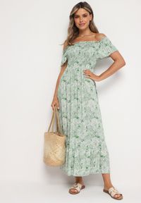 Born2be - Zielona Sukienka Hiszpanka z Bawełny Ozdobiona Falbanką Risalens. Okazja: na spacer, na co dzień. Typ kołnierza: dekolt hiszpanka. Kolor: zielony. Materiał: bawełna. Długość rękawa: krótki rękaw. Wzór: aplikacja. Typ sukienki: proste. Styl: casual #5